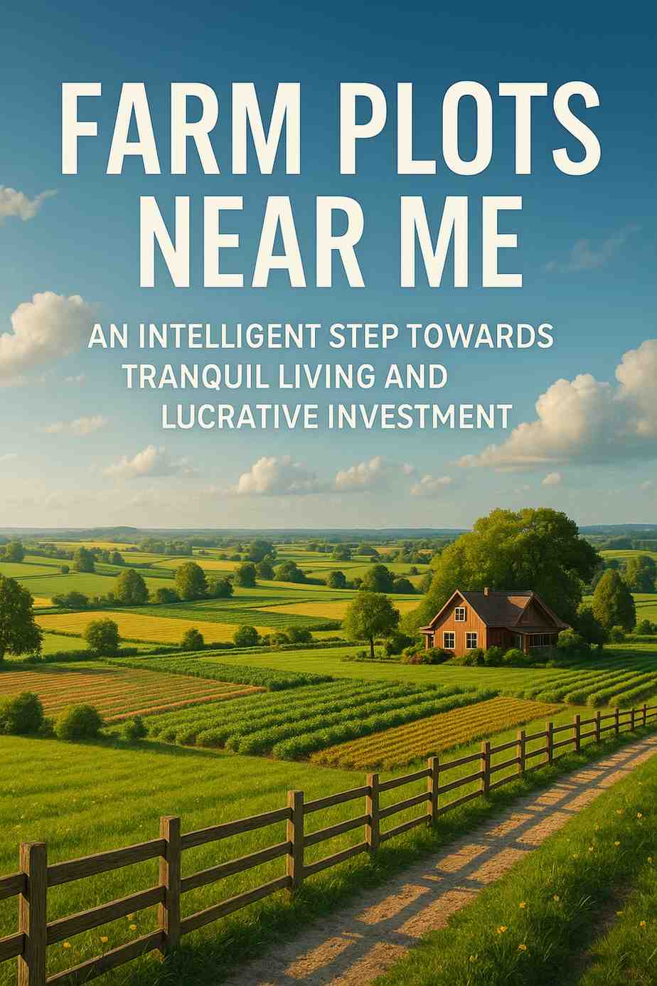 A peaceful rural landscape with green farm plots, a charming farmhouse, and rolling hills under a clear blue sky — promoting tranquil living and smart land investment.