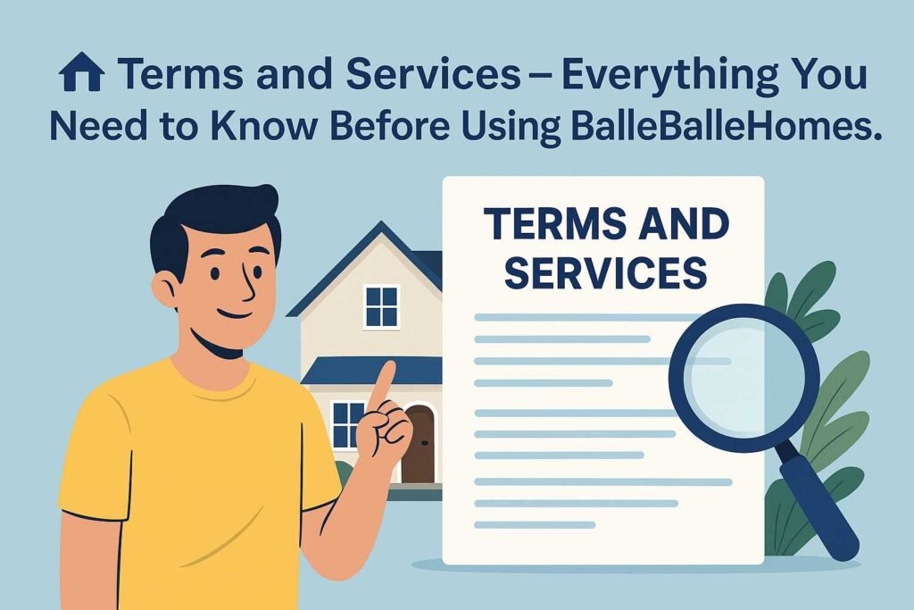Illustration of real estate agreement documents with home icons, representing terms and services on BalleBalleHomes.com