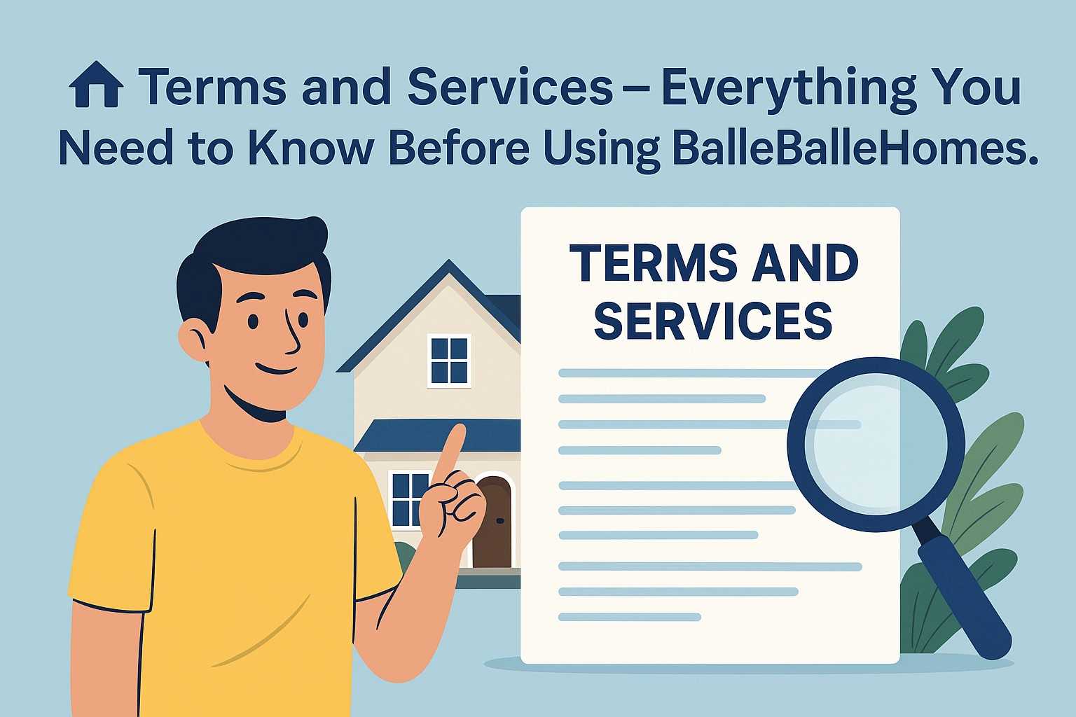 Illustration of real estate agreement documents with home icons, representing terms and services on BalleBalleHomes.com