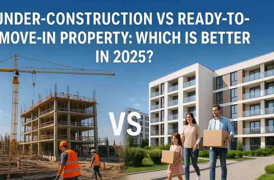 Comparison of under-construction property with cranes and workers vs ready-to-move-in modern apartments with family in 2025 real estate market