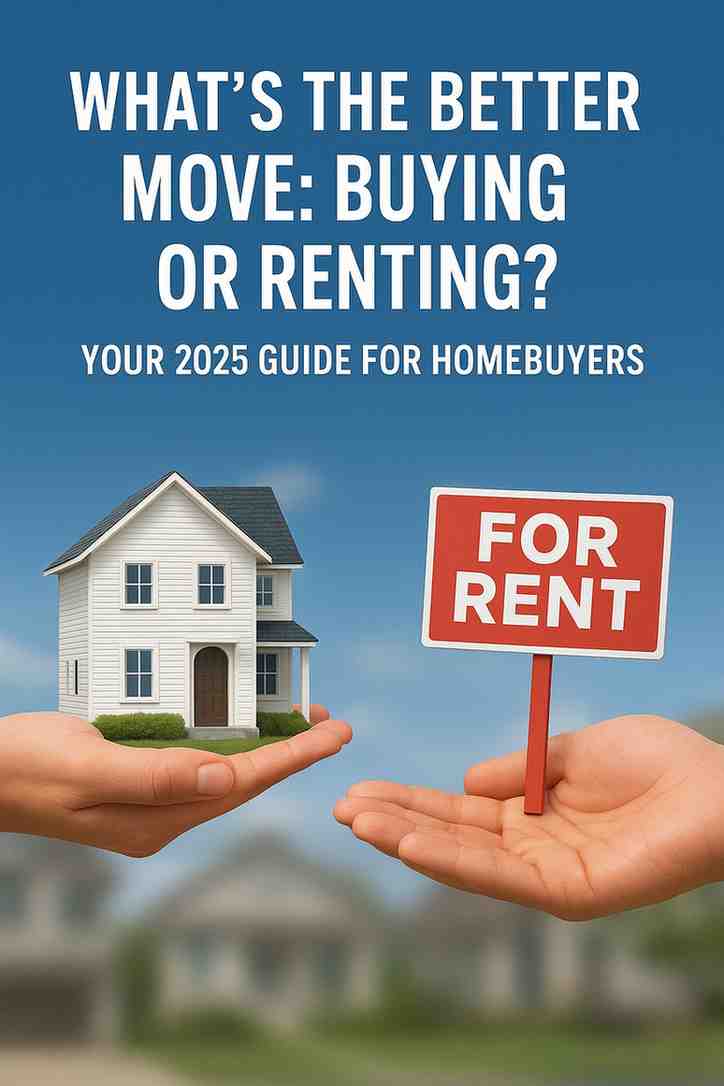 "Comparison image showing buying vs renting a home, with a model house on one hand and a red ‘For Rent’ sign on the other, illustrating the advantages of homeownership."