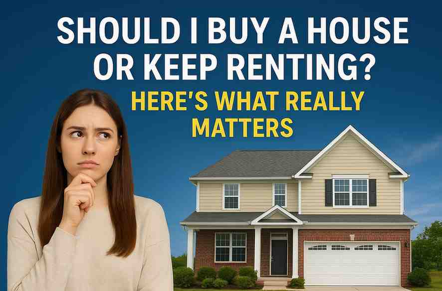 “Confused homebuyer weighing the choice between buying a house or renting, with a modern home in the background — 2025 real estate decision guide.”