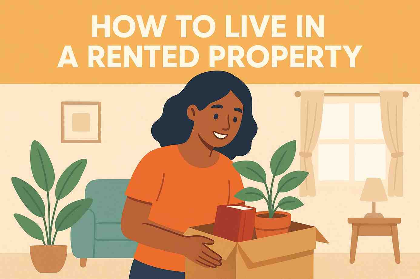 A young woman unpacking a box and setting up her new rented home, symbolizing a practical and stress-free guide to living comfortably in a rented property.
