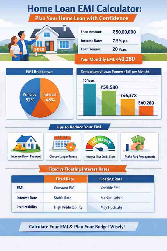 Home loan EMI calculator showing monthly repayment amount to help buyers assess affordability before purchasing a home