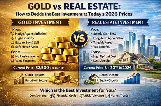 Gold vs Real Estate 2026 comparison chart highlighting price trends, ROI, risk factors, liquidity, and wealth-building benefits.