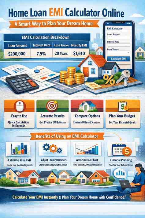 Home loan EMI calculator online showing monthly EMI breakdown to help homebuyers plan budget, compare loan options, and afford their dream home confidently.