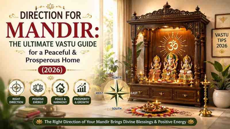 Beautiful wooden home mandir placed in the ideal Vastu direction with Lord Ganesha idols, traditional diyas, and a Vastu compass representing peace, prosperity, and positive energy in a modern Indian home.