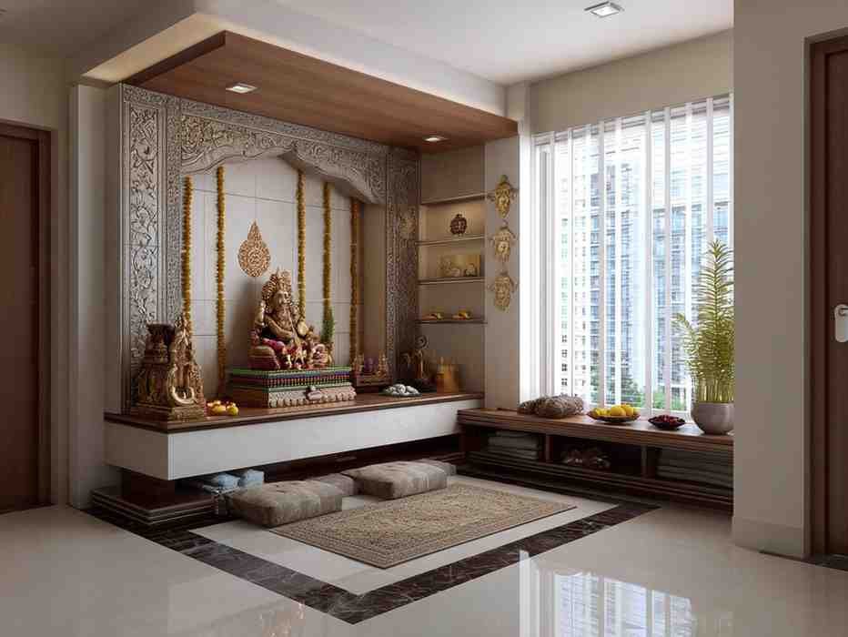 A clean and peaceful home temple placed on the ground floor in a quiet corner, away from bathrooms, following Vastu principles for positive energy and spiritual harmony.