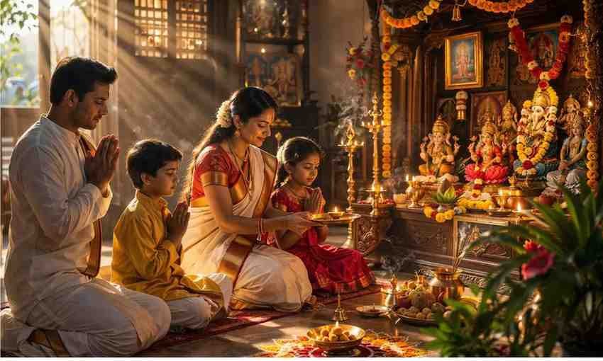 Family praying in a Vastu-compliant pooja room that promotes positive energy, peace, prosperity, and spiritual harmony in the home.