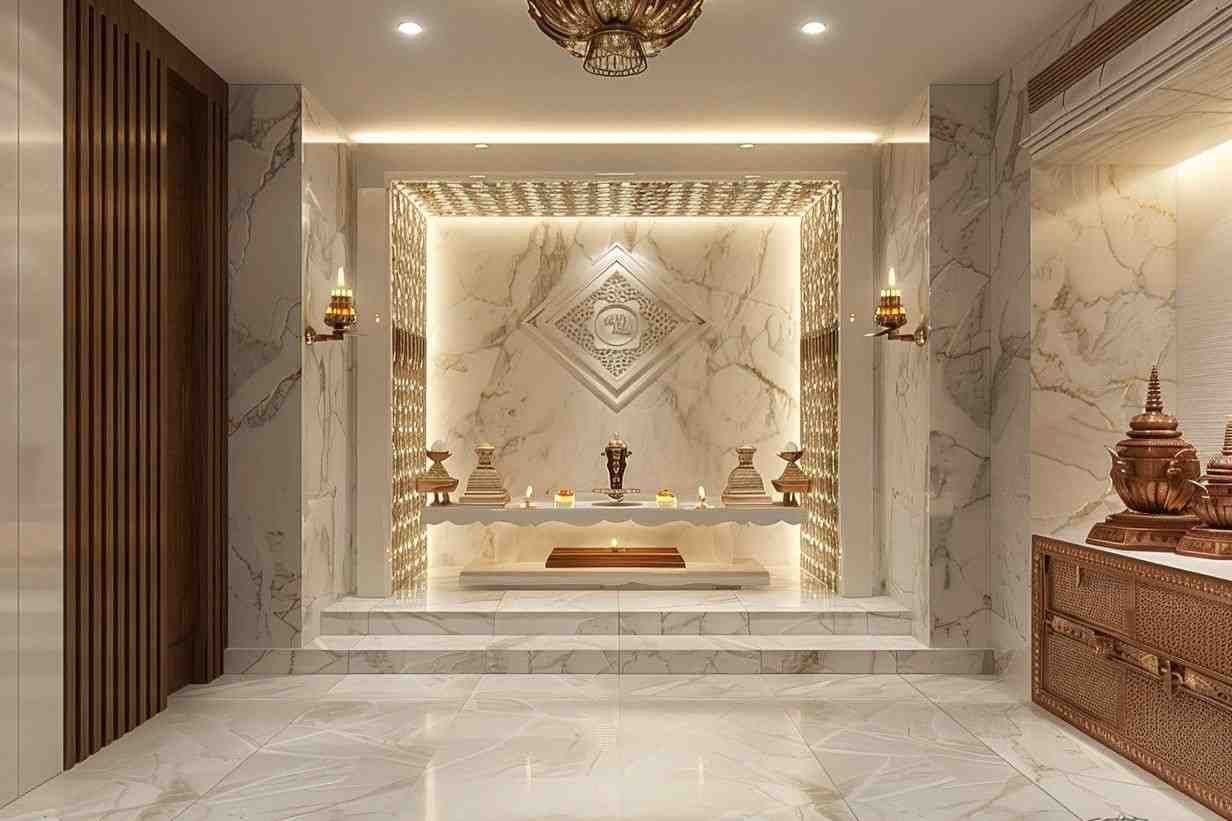 Modern Vastu of pooja room with wooden temple, marble flooring, and peaceful interior design