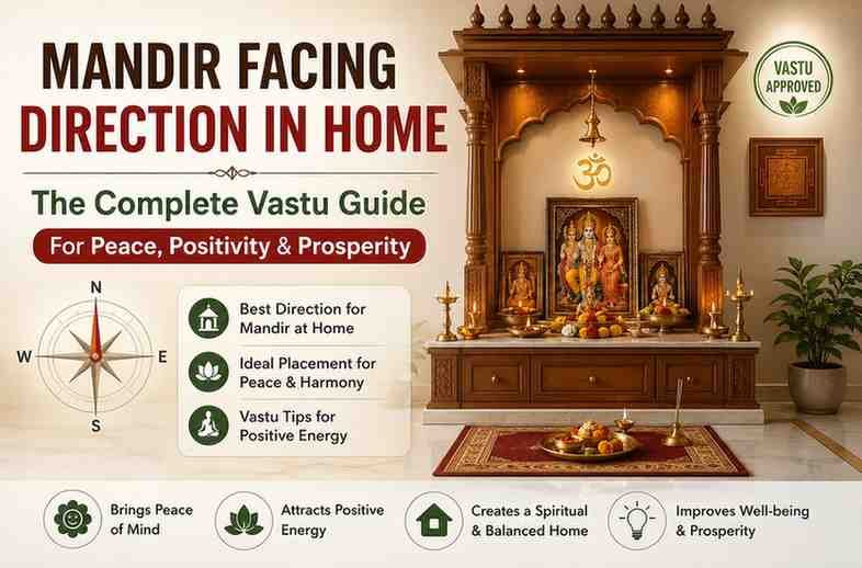 Modern home temple placed in the northeast direction as per Vastu Shastra, showing the ideal mandir facing direction in home for peace, positivity, and prosperity.