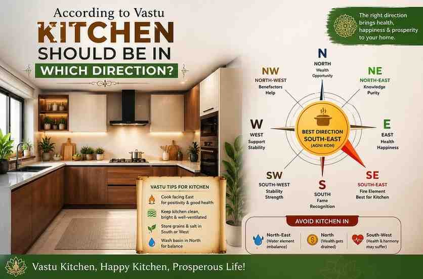 Modern kitchen designed according to Vastu Shastra showing the best kitchen direction (South-East/Agni Kon), Vastu compass, and placement tips for a peaceful and prosperous home.