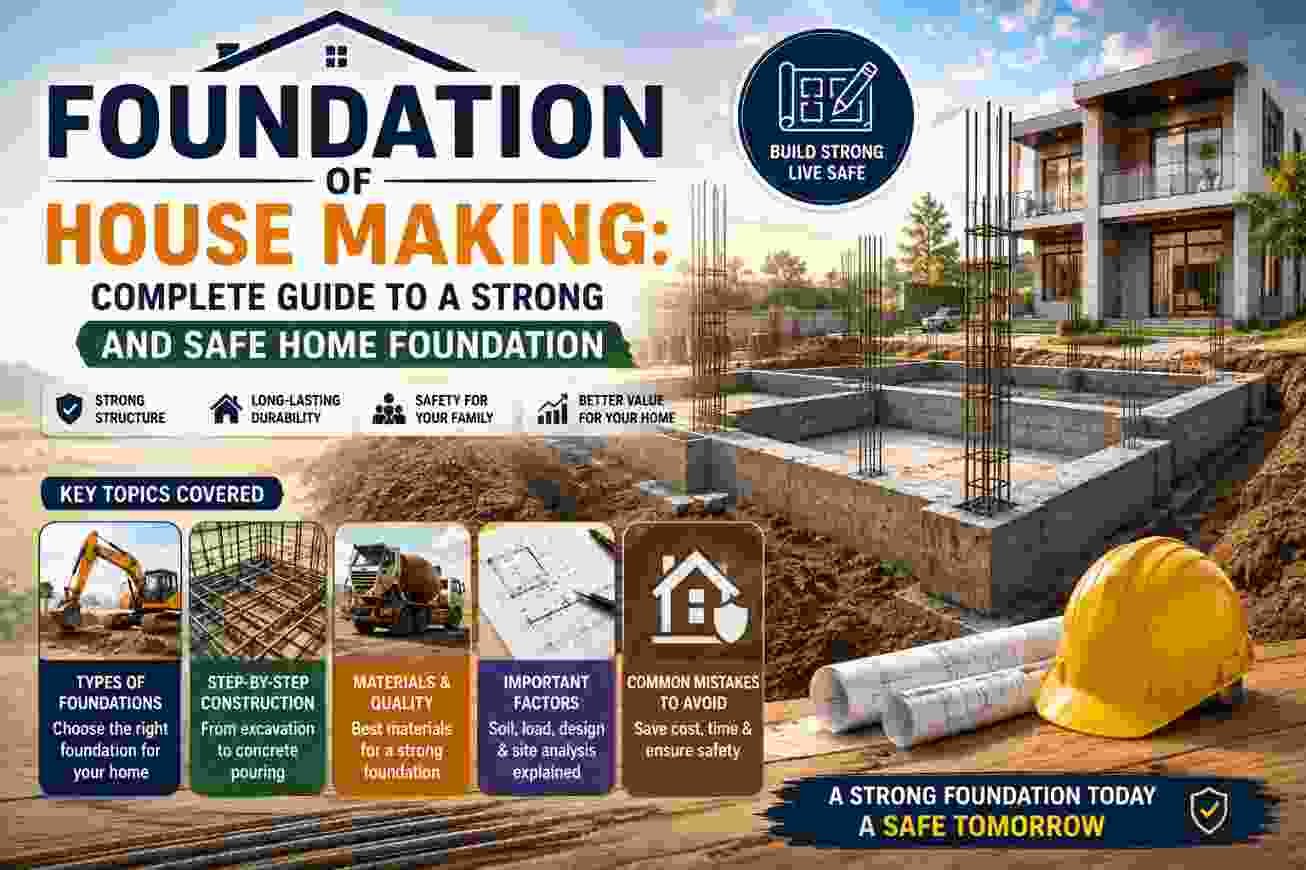 Foundation of house making showing concrete footings, reinforced steel, construction materials, blueprints, and a modern home for a strong and safe foundation.