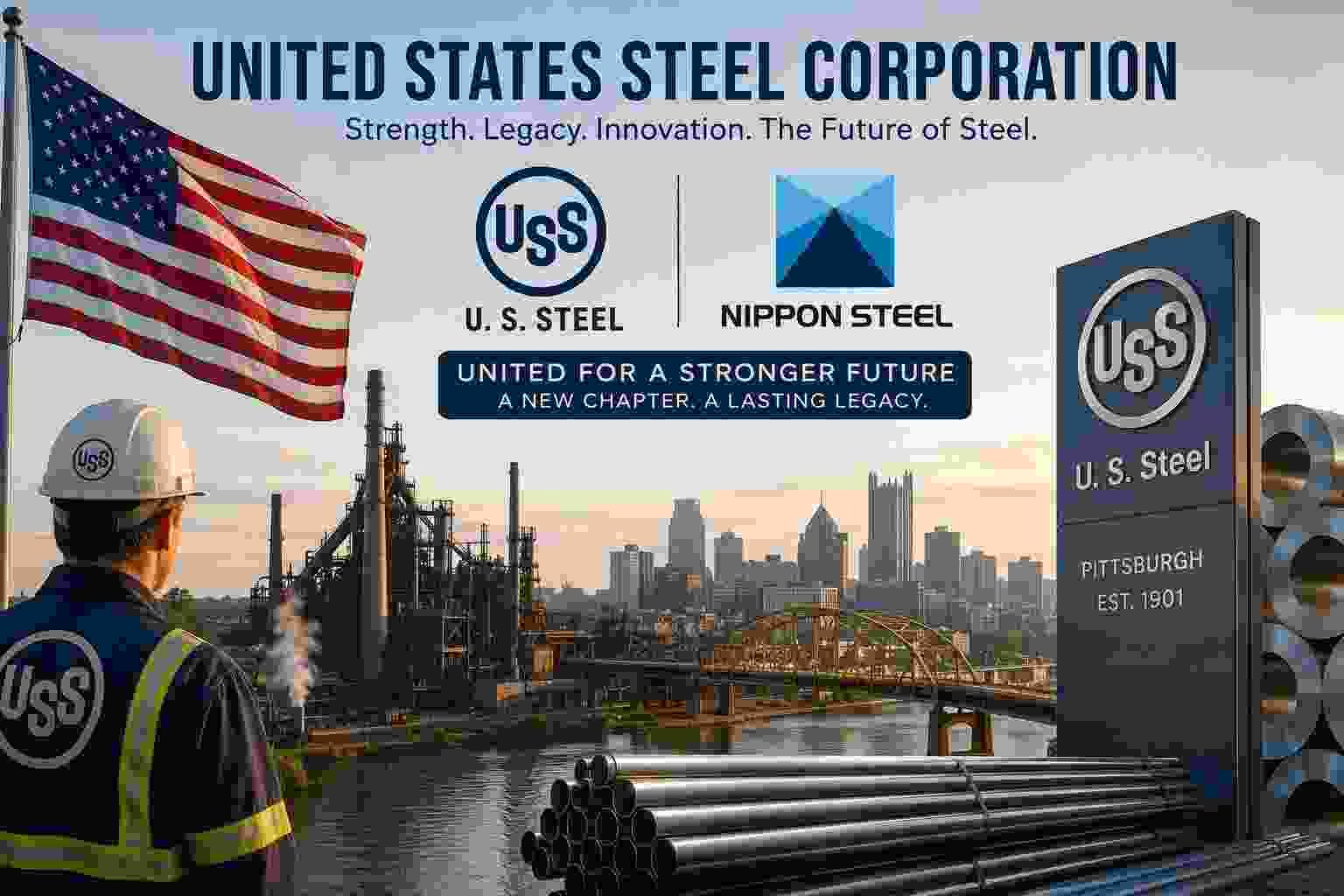 United States Steel Corporation U.S. Steel Pittsburgh steel mill with American flag and Nippon Steel