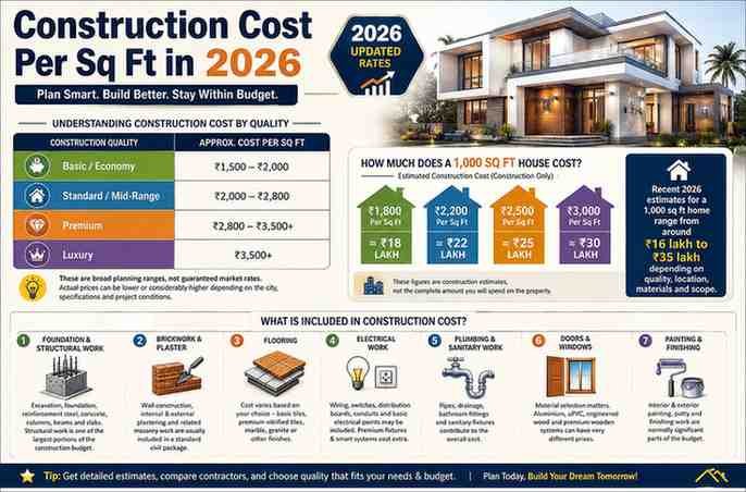 Construction cost per sq ft in India 2026 showing basic, standard, premium and luxury house construction costs