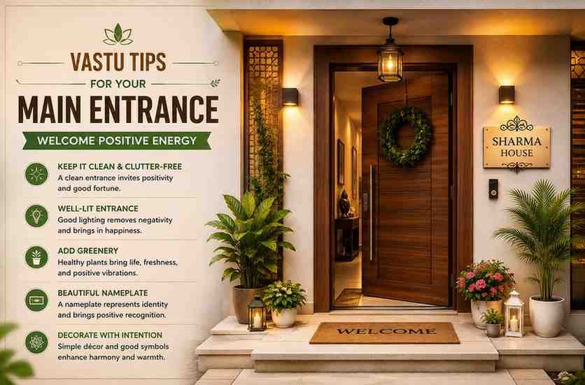 Vastu tips for main entrance with a clean doorway, beautiful nameplate, warm lighting, and healthy plants